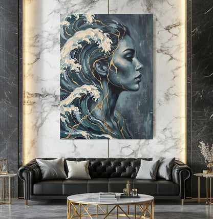 Ocean Woman Canvas Wall Art | Abstract Wave Painting | Blue Coastal Bathroom Decor — Framed Print wall art