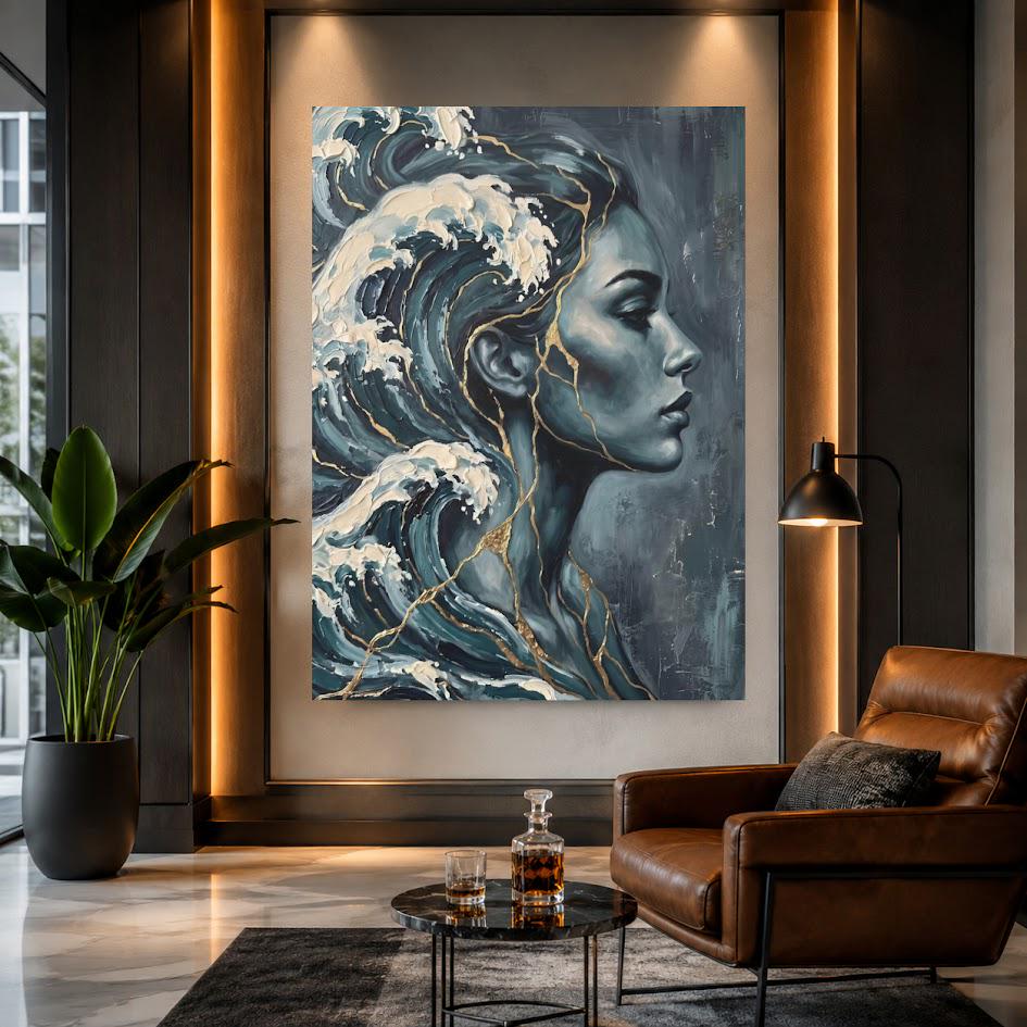 Ocean Woman Canvas Wall Art | Abstract Wave Painting | Blue Coastal Bathroom Decor — Framed Print wall art