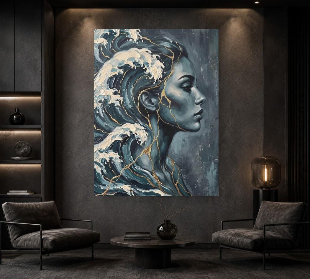Ocean Woman Canvas Wall Art | Abstract Wave Painting | Blue Coastal Bathroom Decor — Framed Print wall art