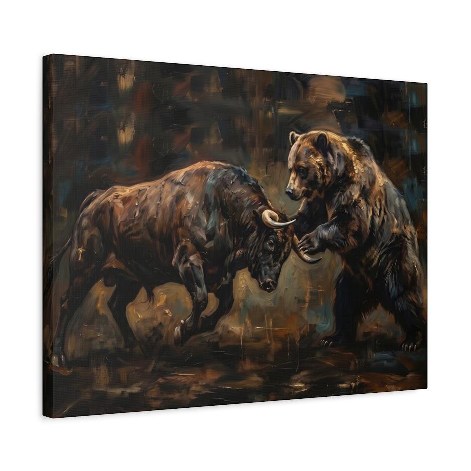 Bull vs Bear Stock Market Canvas Wall Art, Dark Moody Heavy Impasto Finance Print for Executive Office or Day Trader Gift —
