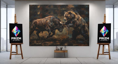Bull vs Bear Stock Market Canvas Wall Art, Dark Moody Heavy Impasto Finance Print for Executive Office or Day Trader Gift —