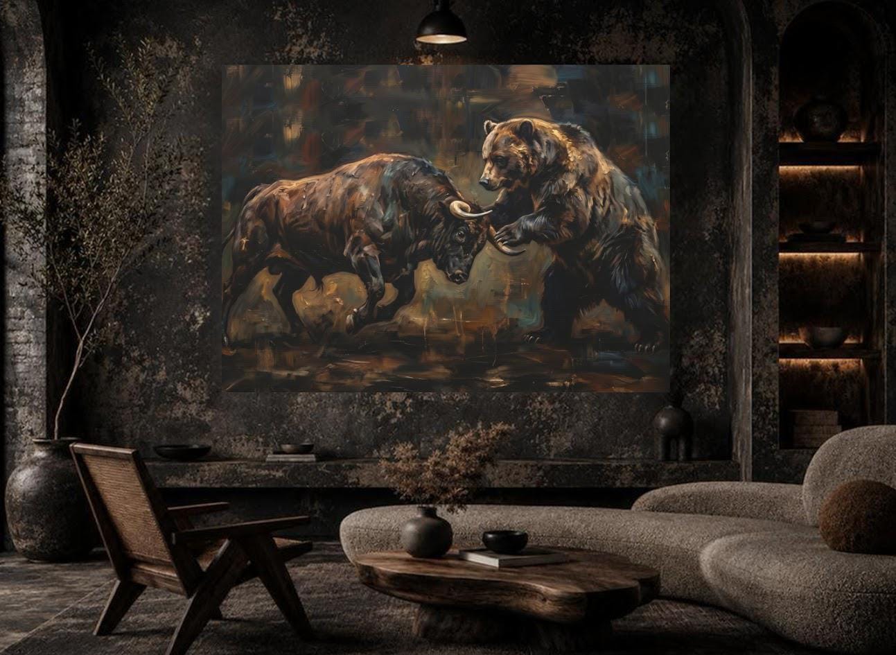 Bull vs Bear Stock Market Canvas Wall Art, Dark Moody Heavy Impasto Finance Print for Executive Office or Day Trader Gift —