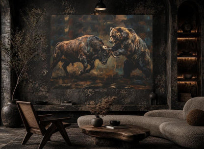Bull vs Bear Stock Market Canvas Wall Art, Dark Moody Heavy Impasto Finance Print for Executive Office or Day Trader Gift —
