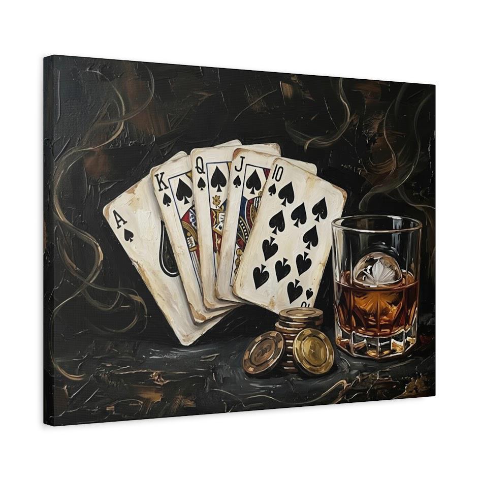 Royal Flush Poker Canvas Wall Art, Dark Moody Bourbon Print for Luxury Game Room — Canvas wall art