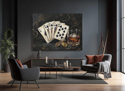 Royal Flush Poker Canvas Wall Art, Dark Moody Bourbon Print for Luxury Game Room — Framed Print wall art
