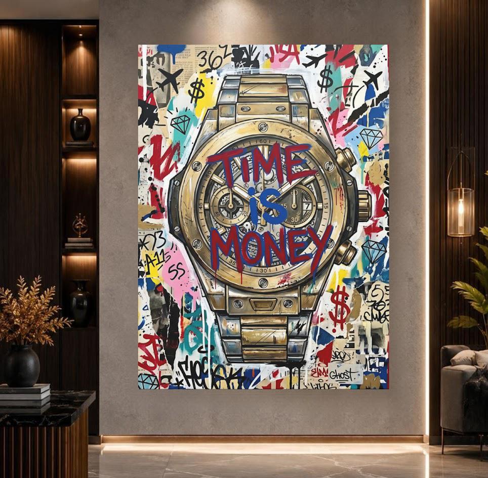 Graffiti Luxury Watch Canvas Art, Time is Money Pop Art Print for Entrepreneur Office — Poster wall art