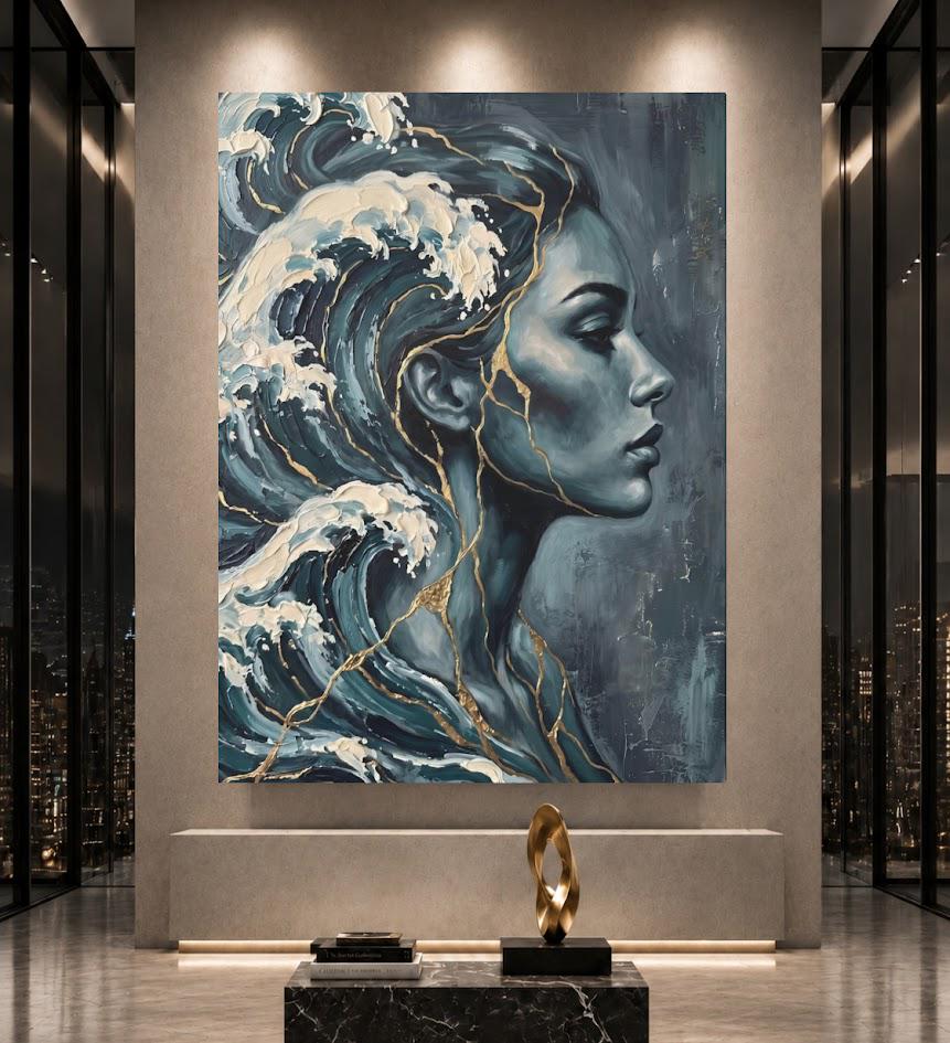 Ocean Woman Canvas Wall Art | Abstract Wave Painting | Blue Coastal Bathroom Decor — Poster wall art