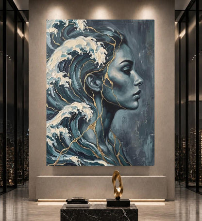 Ocean Woman Canvas Wall Art | Abstract Wave Painting | Blue Coastal Bathroom Decor — Poster wall art