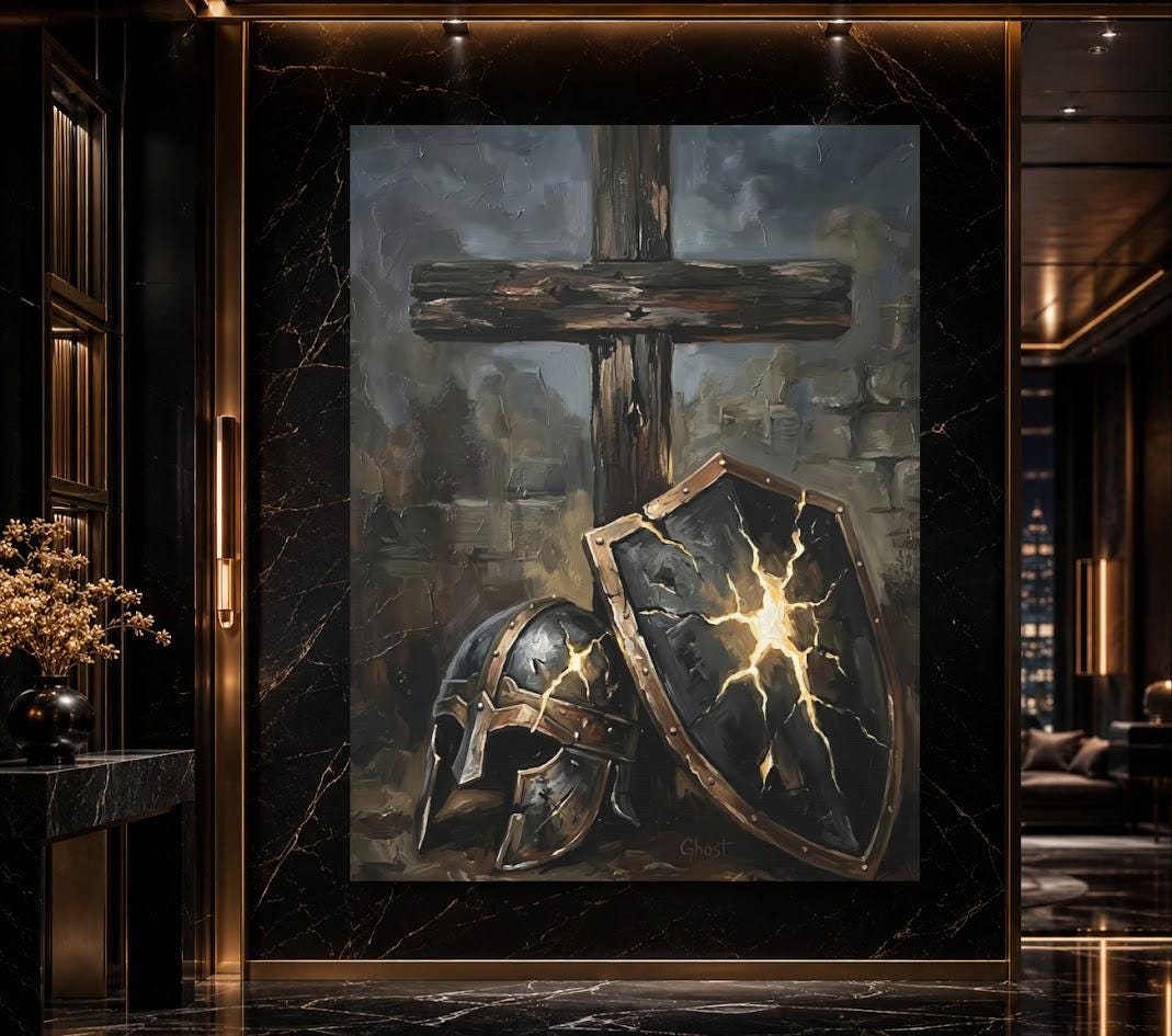 Armor of God Canvas Wall Art, Dark Moody Shield and Cross Print for Executive Office, Spartan Poster — Framed Print wall art