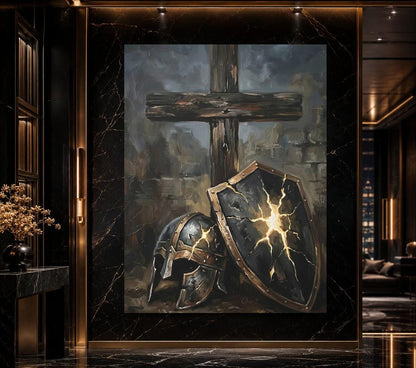 Armor of God Canvas Wall Art, Dark Moody Shield and Cross Print for Executive Office, Spartan Poster — Framed Print wall art
