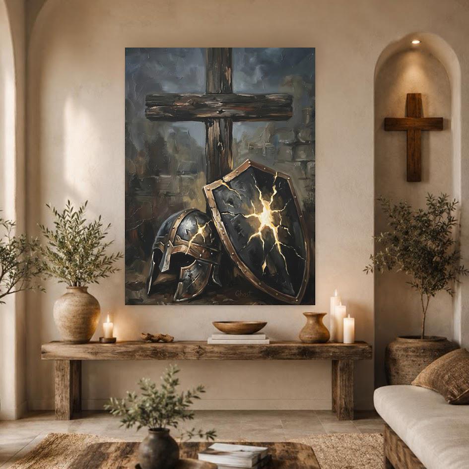 Armor of God Canvas Wall Art, Dark Moody Shield and Cross Print for Executive Office, Spartan Poster — Framed Print wall art