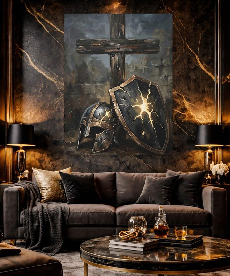Armor of God Canvas Wall Art, Dark Moody Shield and Cross Print for Executive Office, Spartan Poster — Framed Print wall art