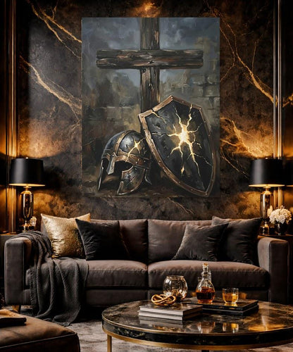 Armor of God Canvas Wall Art, Dark Moody Shield and Cross Print for Executive Office, Spartan Poster — Framed Print wall art