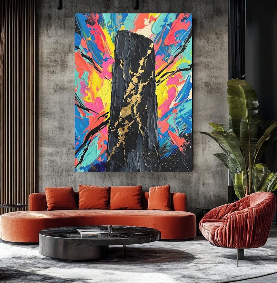 Colorful Abstract Wall Art | Black Gold Canvas Print | Modern Office Decor — Framed Print wall art