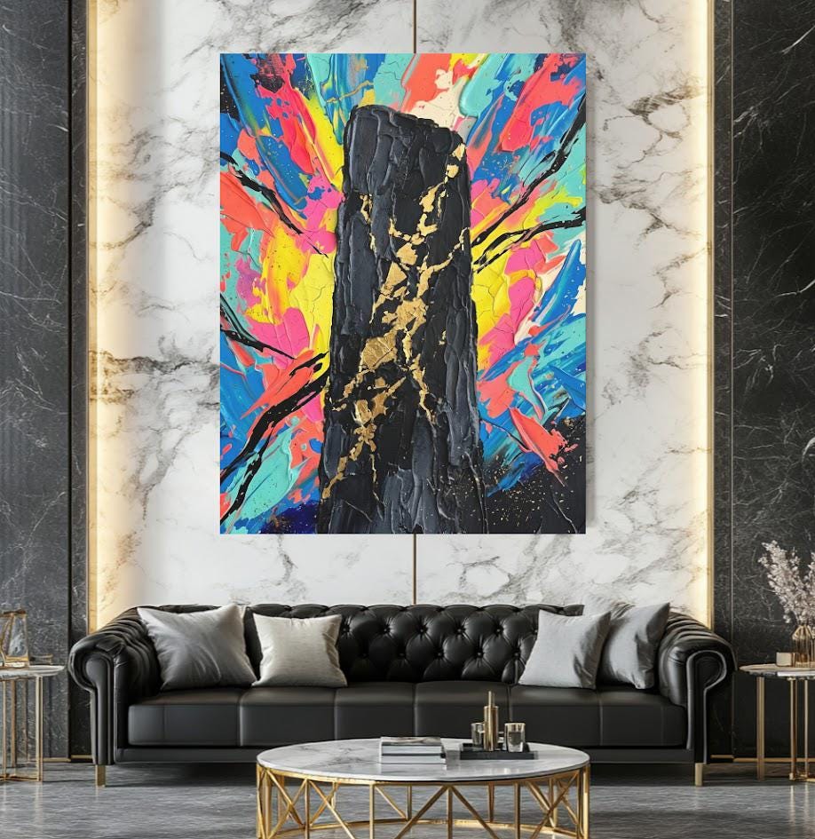 Colorful Abstract Wall Art | Black Gold Canvas Print | Modern Office Decor — Framed Print wall art
