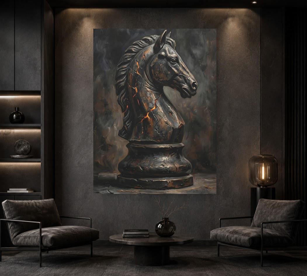 Chess Knight Wall Art, Dark Strategy Canvas Print, Masculine Office Decor, Chess Piece Artwork, Man Cave Wall Decor — Framed