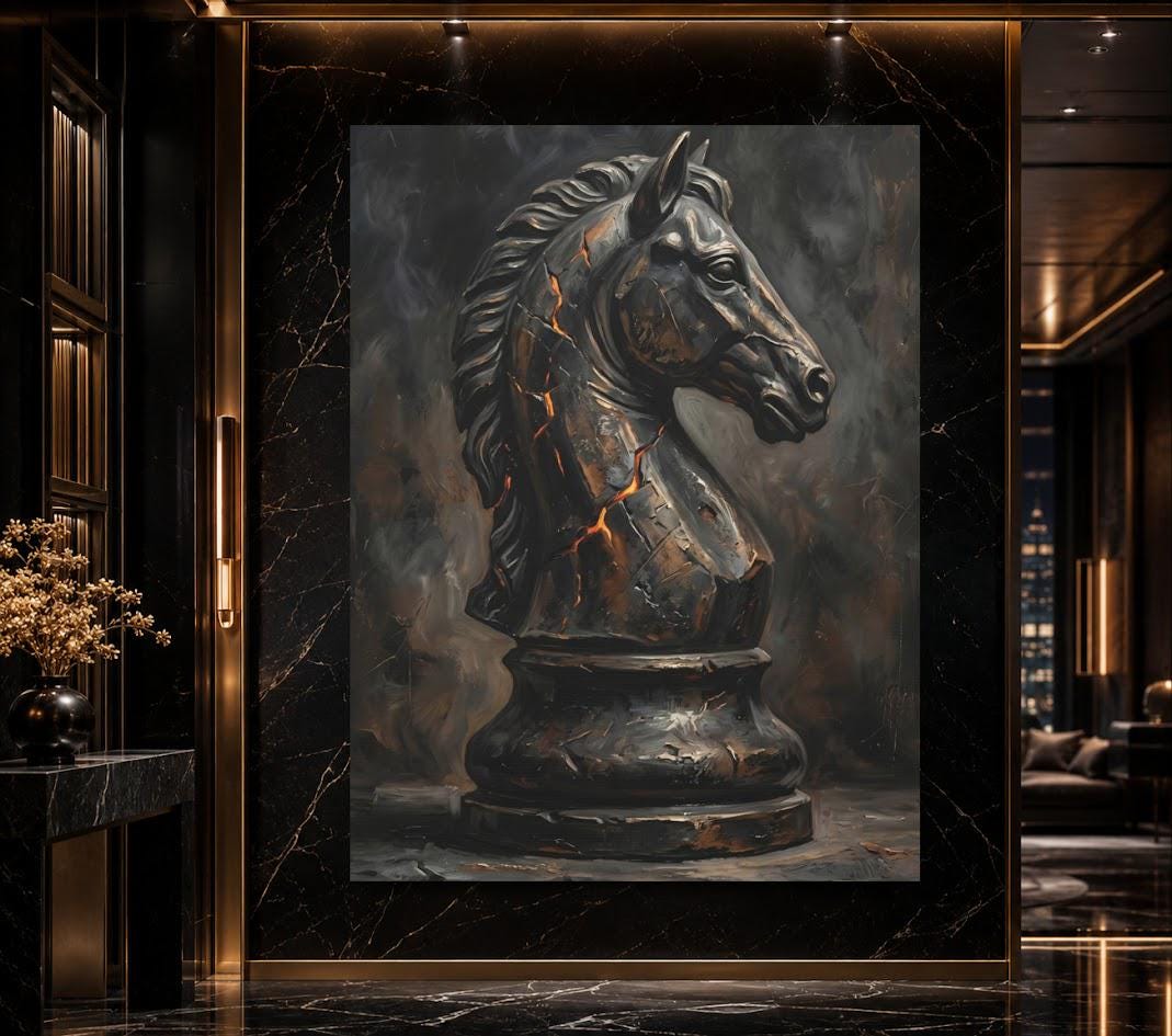 Chess Knight Wall Art, Dark Strategy Canvas Print, Masculine Office Decor, Chess Piece Artwork, Man Cave Wall Decor — Framed
