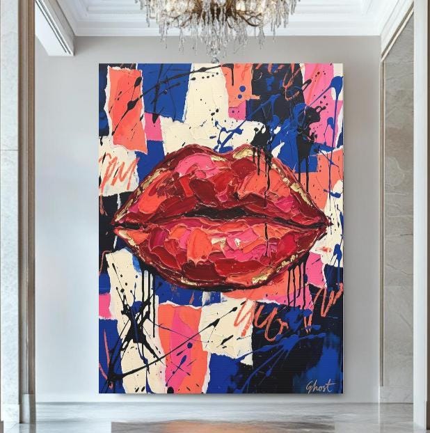 Red Lips Wall Art | Graffiti Pop Art Canvas Print | Beauty Salon Decor — Framed Print wall art
