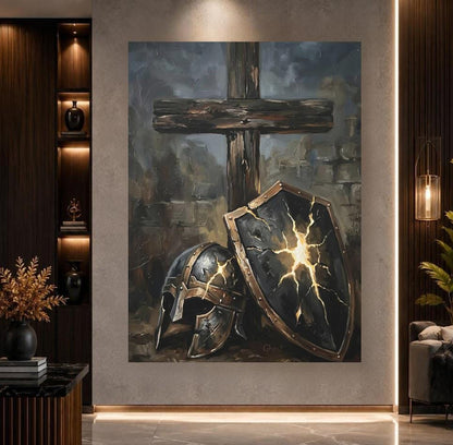 Armor of God Canvas Wall Art, Dark Moody Shield and Cross Print for Executive Office, Spartan Poster — Poster wall art