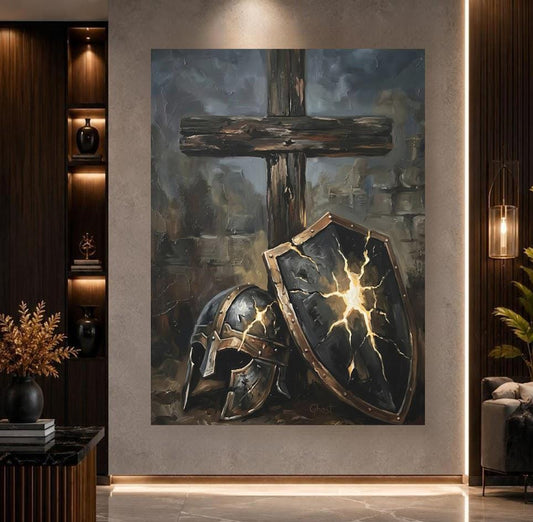 Armor of God Canvas Wall Art, Dark Moody Shield and Cross Print for Executive Office, Spartan Poster — Poster wall art