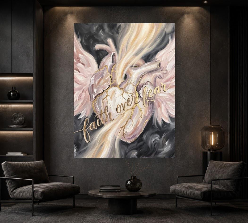 Faith Over Fear Wall Art | Angel Wings Canvas Print | Feminine Christian Decor — Framed Print wall art