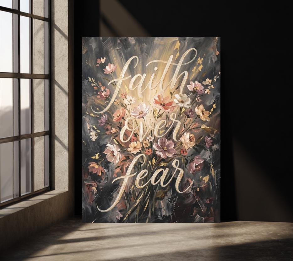 Faith Over Fear Canvas Wall Art, Moody Floral Christian Print, Dark Botanical Decor — Framed Print wall art