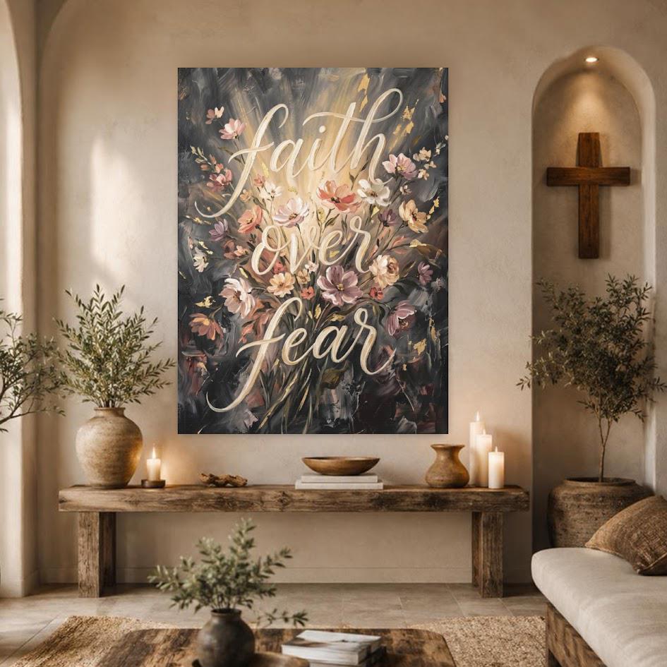 Faith Over Fear Canvas Wall Art, Moody Floral Christian Print, Dark Botanical Decor — Framed Print wall art