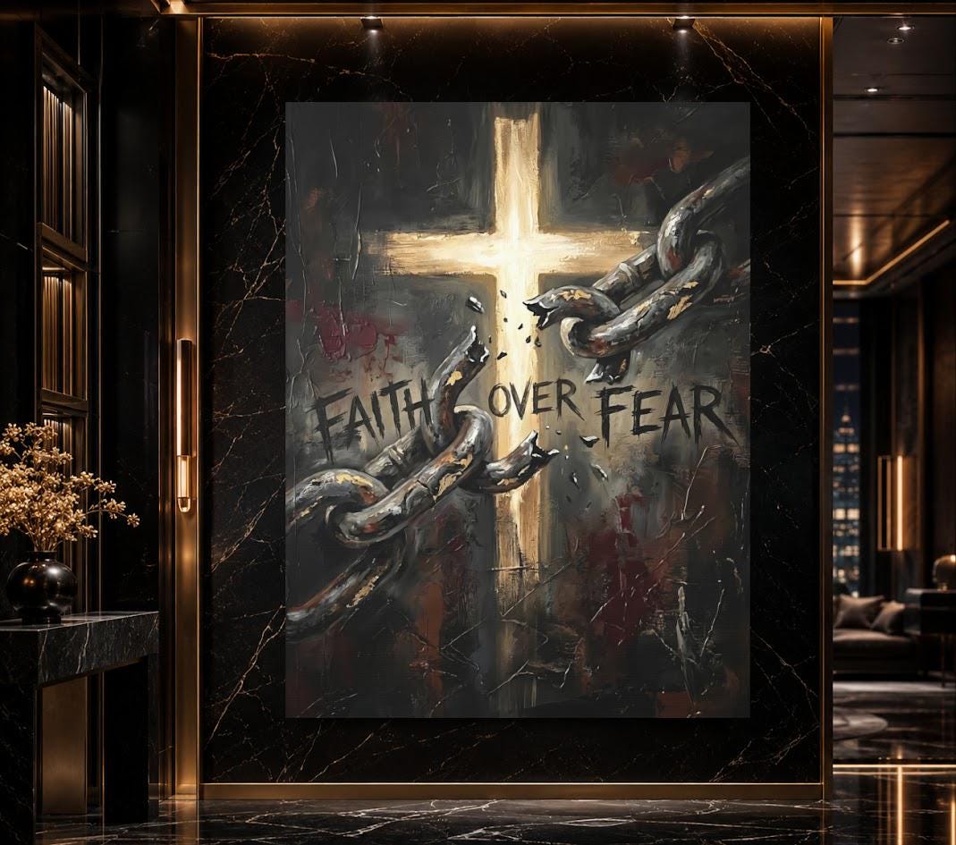 Faith Over Fear Wall Art | Christian Cross Canvas Print | Broken Chains Decor — Framed Print wall art