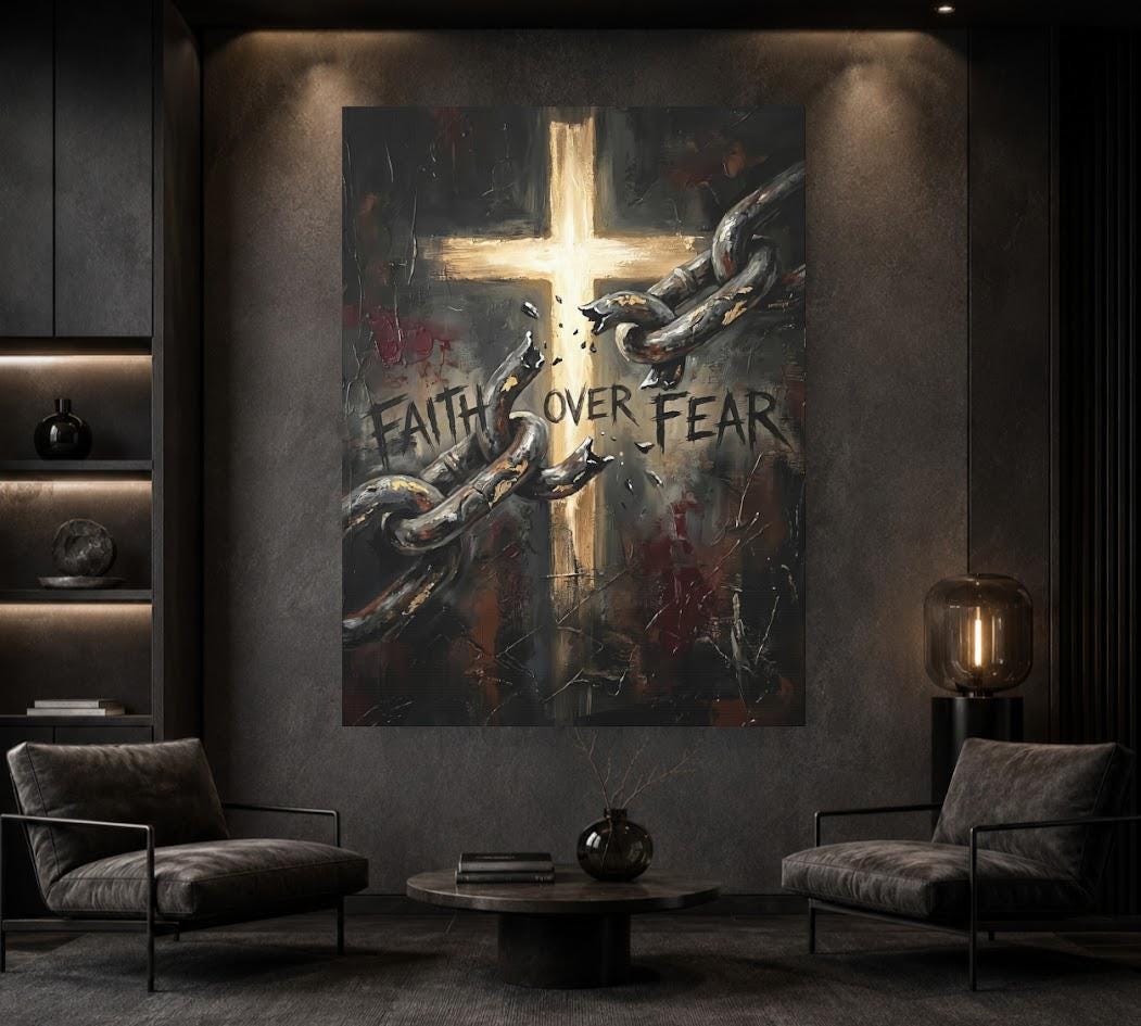 Faith Over Fear Wall Art | Christian Cross Canvas Print | Broken Chains Decor — Framed Print wall art
