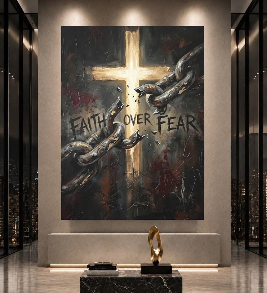 Faith Over Fear Wall Art | Christian Cross Canvas Print | Broken Chains Decor — Poster wall art