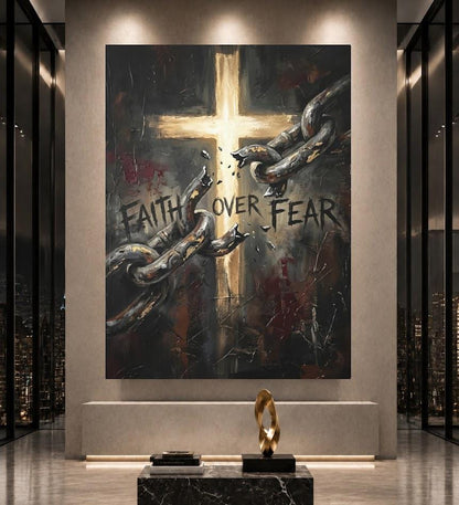 Faith Over Fear Wall Art | Christian Cross Canvas Print | Broken Chains Decor — Poster wall art