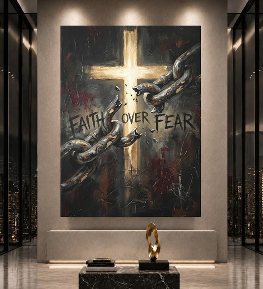 Faith Over Fear Wall Art | Christian Cross Canvas Print | Broken Chains Decor — Poster wall art