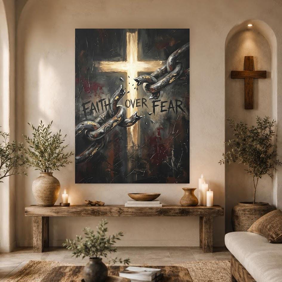 Faith Over Fear Wall Art | Christian Cross Canvas Print | Broken Chains Decor — Framed Print wall art