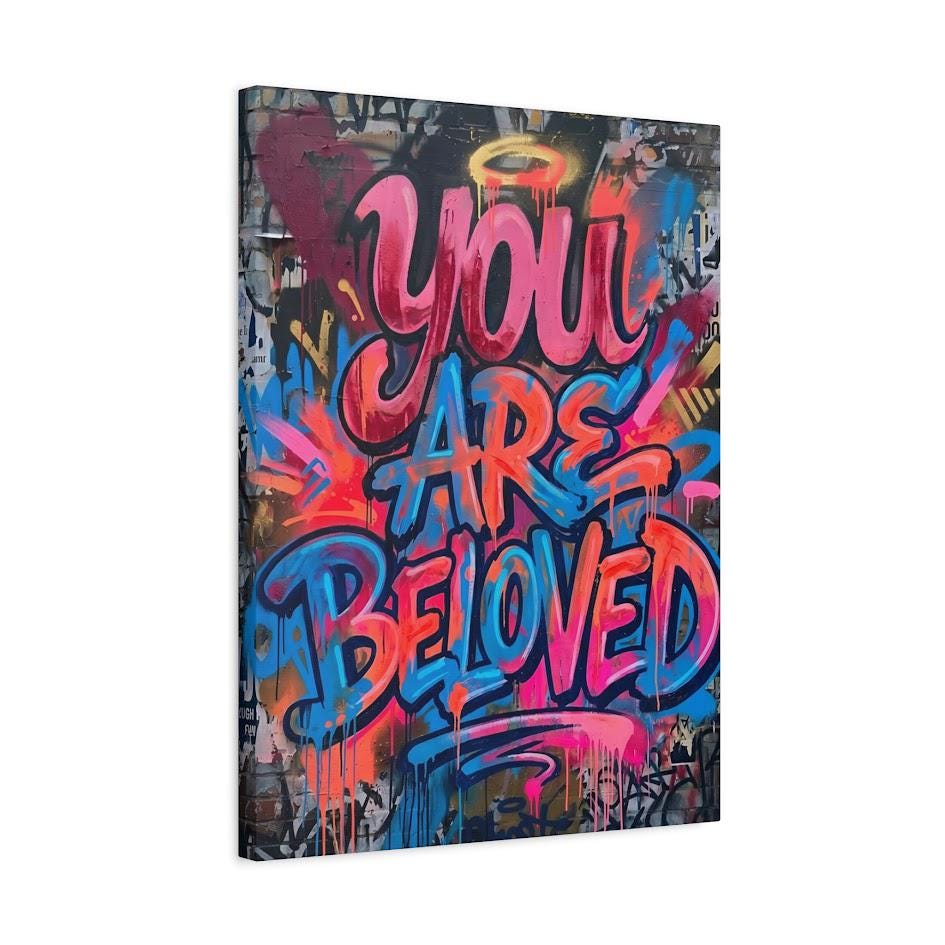 You Are Beloved Canvas Wall Art, Christian Graffiti Print, Colorful Street Art Decor — Canvas wall art