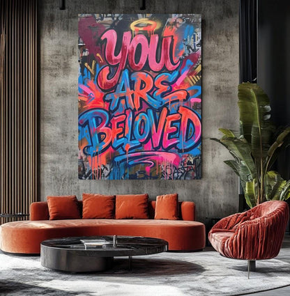 You Are Beloved Canvas Wall Art, Christian Graffiti Print, Colorful Street Art Decor — Framed Print wall art