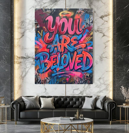 You Are Beloved Canvas Wall Art, Christian Graffiti Print, Colorful Street Art Decor — Framed Print wall art
