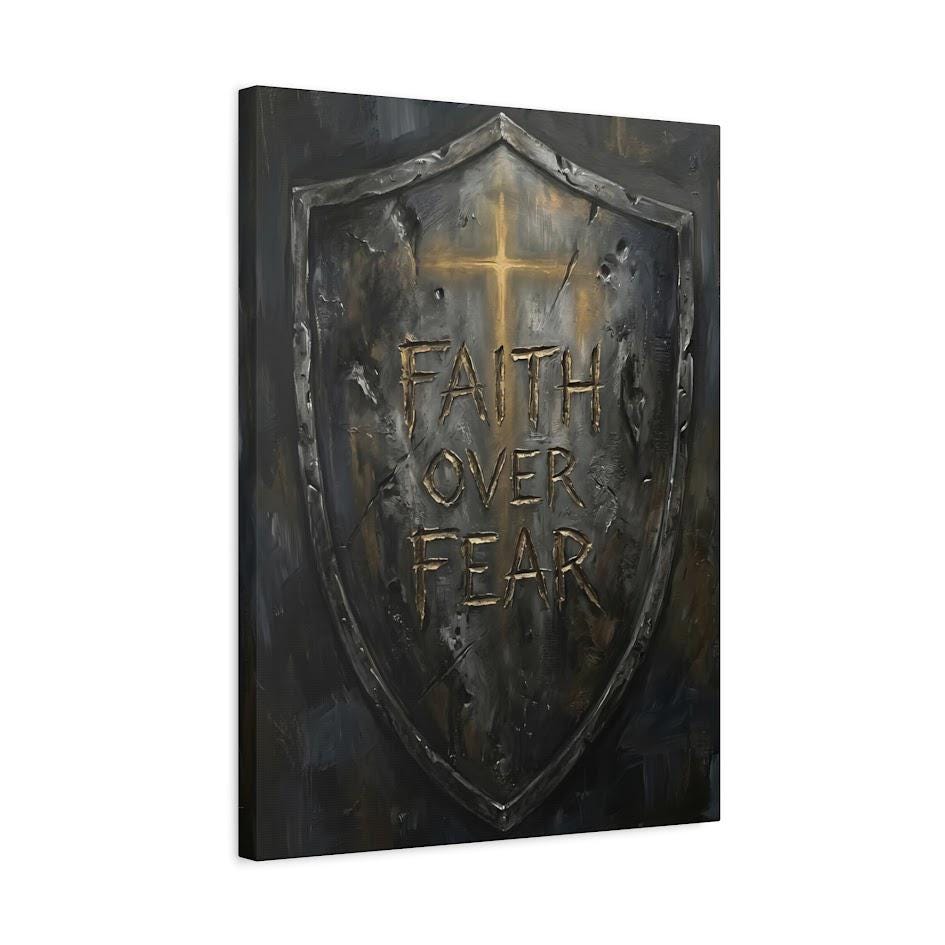 Faith Over Fear Wall Art | Christian Shield Canvas Print | Armor of God Decor — Canvas wall art