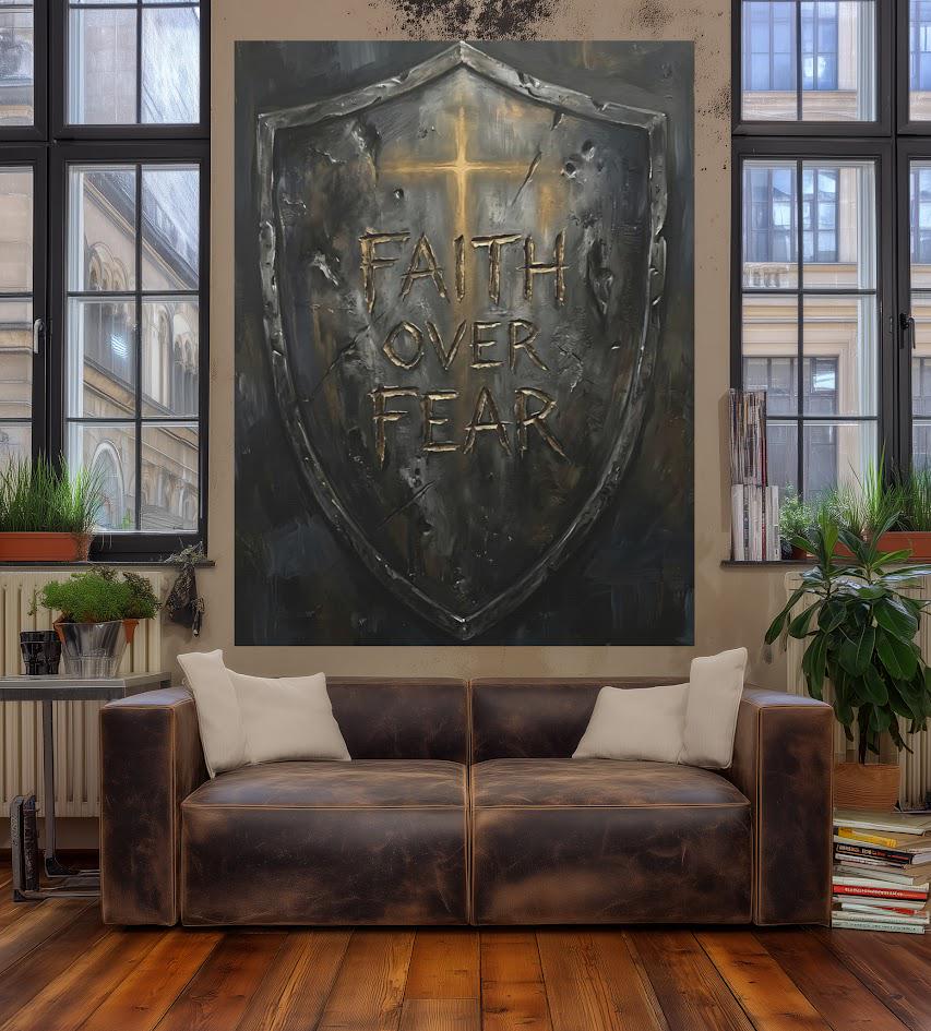 Faith Over Fear Wall Art | Christian Shield Canvas Print | Armor of God Decor — Framed Print wall art