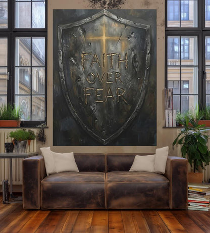 Faith Over Fear Wall Art | Christian Shield Canvas Print | Armor of God Decor — Framed Print wall art