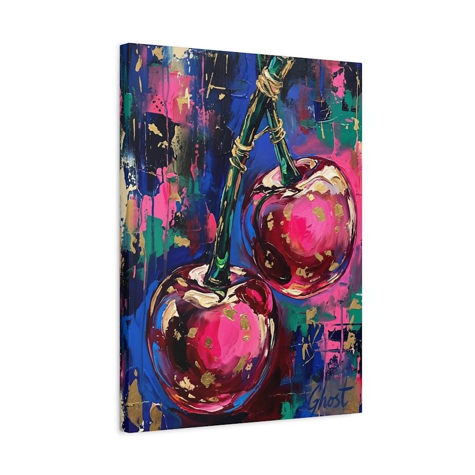 Pop Art Cherry Canvas Wall Art, Dopamine Decor Print, Maximalist Pink Fruit Canvas — Canvas wall art