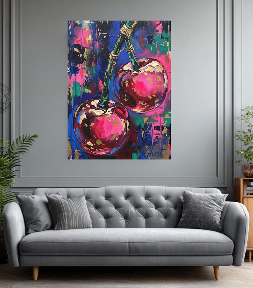 Pop Art Cherry Canvas Wall Art, Dopamine Decor Print, Maximalist Pink Fruit Canvas — Framed Print wall art
