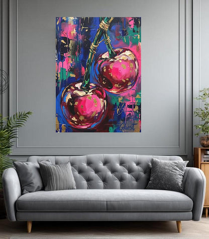 Pop Art Cherry Canvas Wall Art, Dopamine Decor Print, Maximalist Pink Fruit Canvas — Framed Print wall art