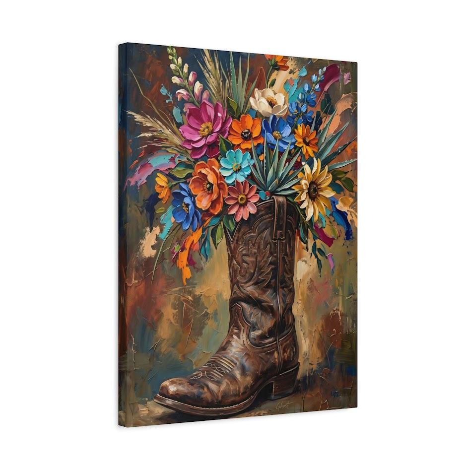 Cowboy Boot Wall Art | Western Floral Canvas Print | Cowgirl Decor — Canvas wall art