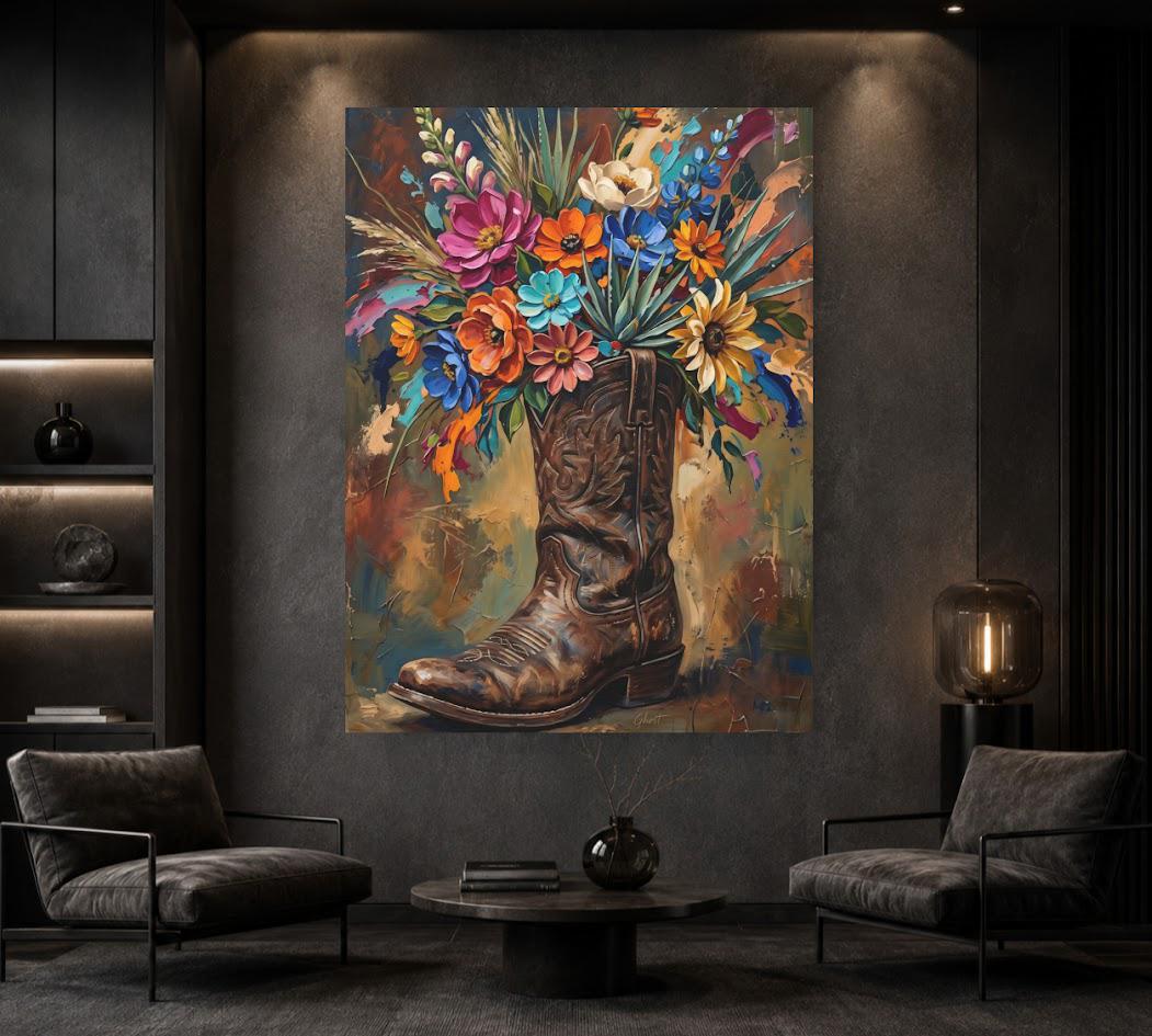 Cowboy Boot Wall Art | Western Floral Canvas Print | Cowgirl Decor — Framed Print wall art