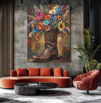 Cowboy Boot Wall Art | Western Floral Canvas Print | Cowgirl Decor — Framed Print wall art