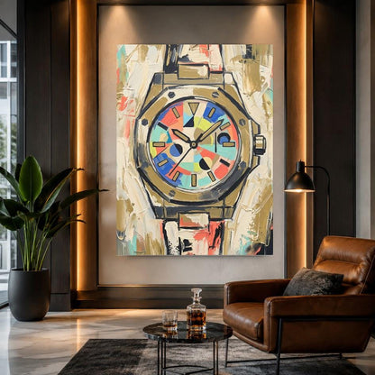 Abstract Luxury Watch Canvas Wall Art, Colorful Geometric Timepiece Print for Executive Office — Framed Print wall art
