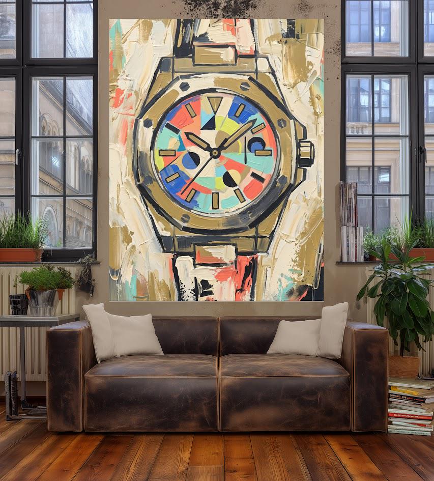 Abstract Luxury Watch Canvas Wall Art, Colorful Geometric Timepiece Print for Executive Office — Framed Print wall art