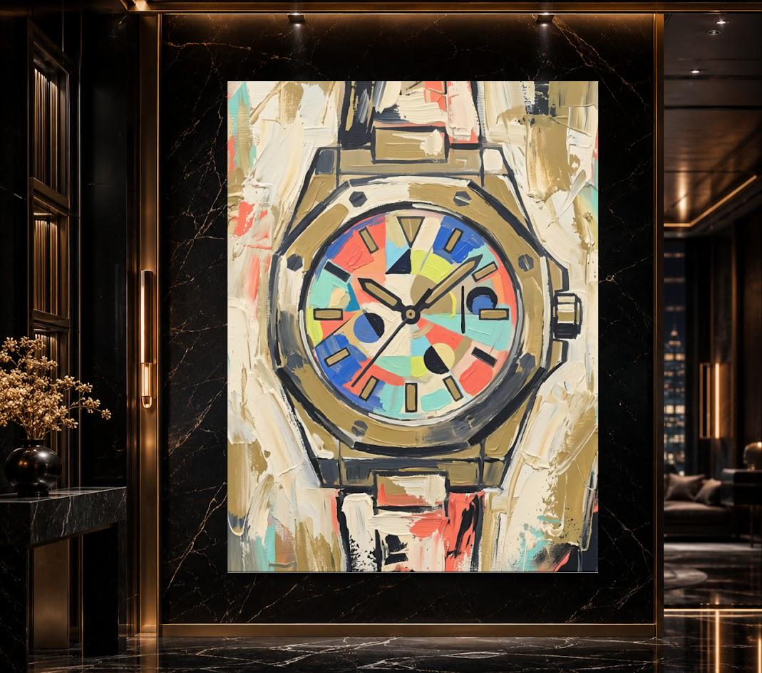 Abstract Luxury Watch Canvas Wall Art, Colorful Geometric Timepiece Print for Executive Office — Framed Print wall art