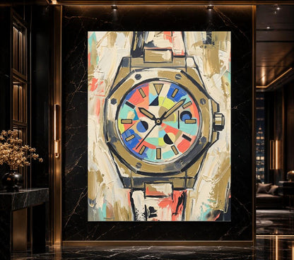 Abstract Luxury Watch Canvas Wall Art, Colorful Geometric Timepiece Print for Executive Office — Framed Print wall art