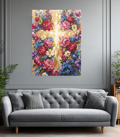 Floral Cross Wall Art | Christian Canvas Print | Flower Faith Decor — Framed Print wall art